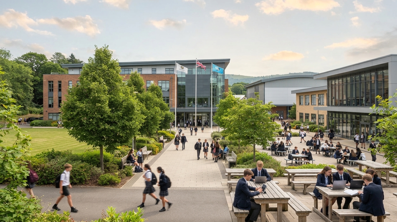 Students and teachers crossing the school campus
